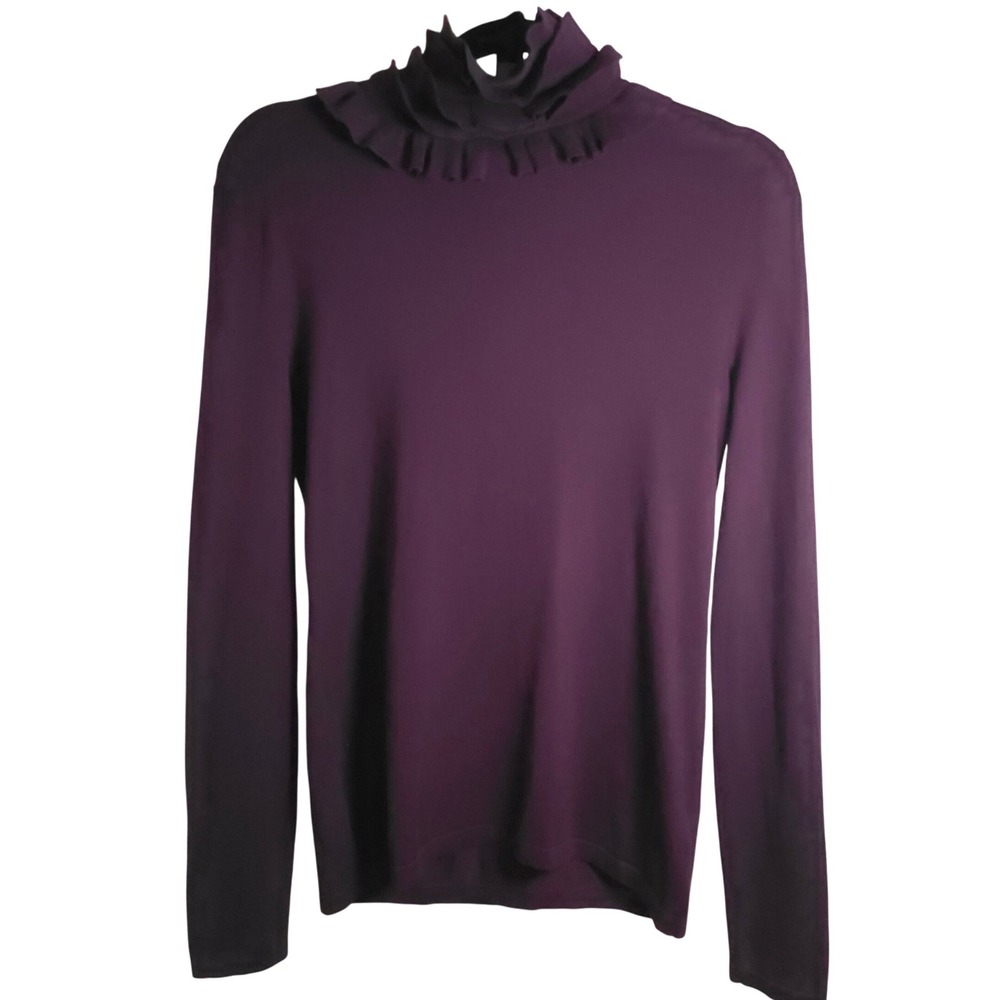 Lauren Ralph Lauren Silk Knit‎ Ruffle Neck Top Womens Small Plum Long Sleeve